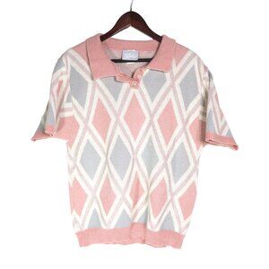 Vintage Short Women's Short Sleeve Argyle Polo Knit Sweater